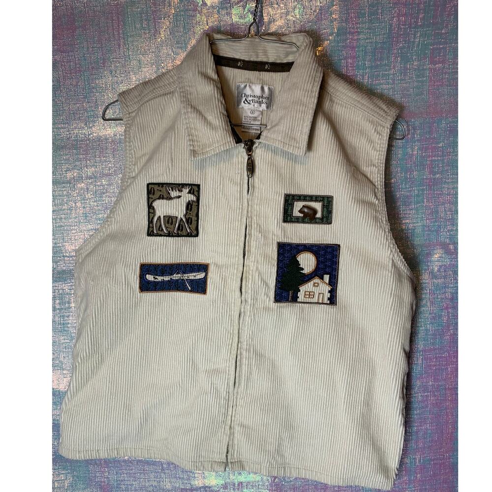 Christopher & Banks Corduroy Cabin Applique Zip Up Vest Womens Sm Cabincore Fall